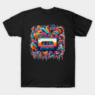illustration of a music cassette with a background of colorful melting clouds T-Shirt